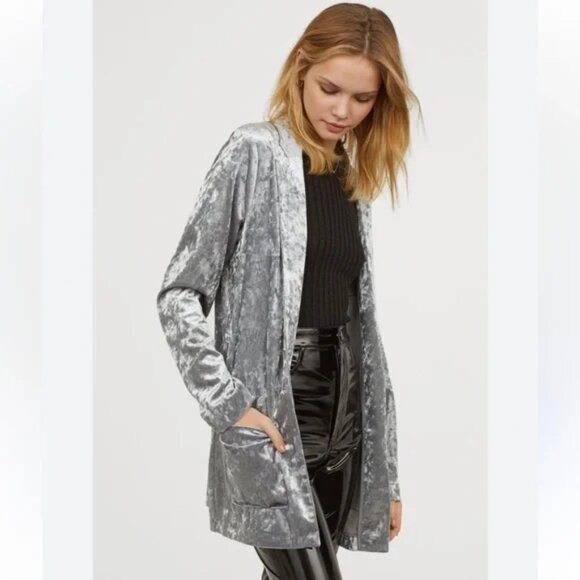 Amaryllis Womens Long Gray Velvet Cardigan With Open Front & Pockets - Picture 1 of 9